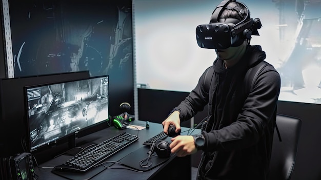 Un homme dans un casque vr joue à un jeu sur un ordinateur.