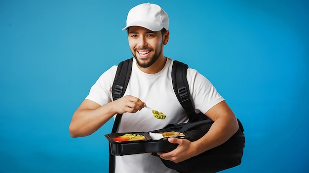 un homme dans une casquette blanche tenant une assiette de nourriture avec un sac à dos noir