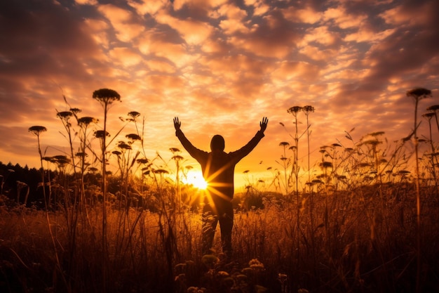 Photo un homme dans le champ lève les mains vers le ciel