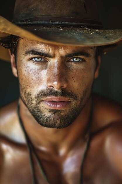 Photo un homme dans un chapeau de cow-boy regardant la caméra