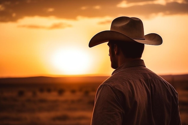 un homme dans un chapeau de cow-boy regarde le coucher de soleil