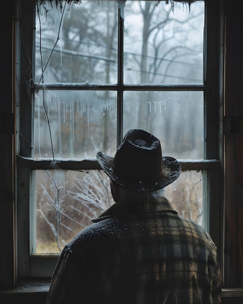 Un homme dans un chapeau de cow-boy regarde par une fenêtre d'un bâtiment