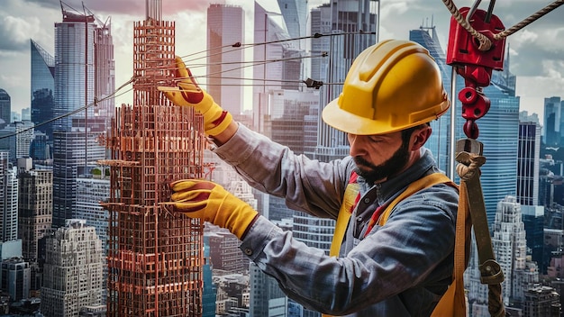 un homme dans un chapeau dur jaune travaille sur un bâtiment