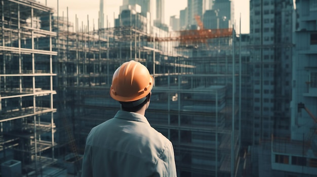 Un homme dans un chapeau dur regardant les bâtiments.