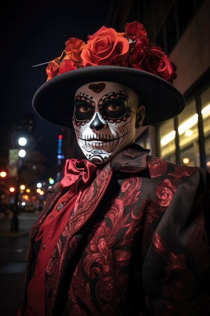 Un homme dans un chapeau avec des fleurs dessus avec un visage peint Concept pour le jour des morts ou Halloween