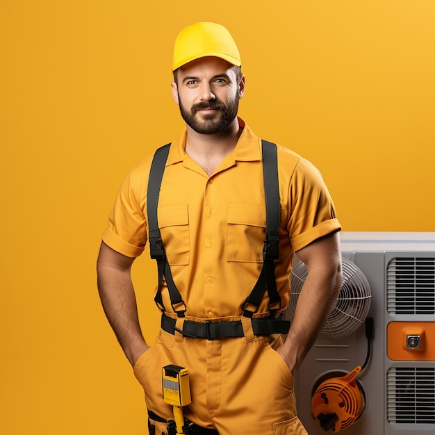 un homme dans un chapeau jaune est debout devant une machine d'argent