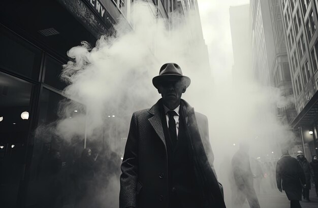 un homme dans un chapeau et un manteau se tient devant un bâtiment avec de la fumée sortant de lui