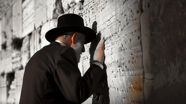 un homme dans un chapeau noir touche un mur avec les mots qu'il est écrit dessus