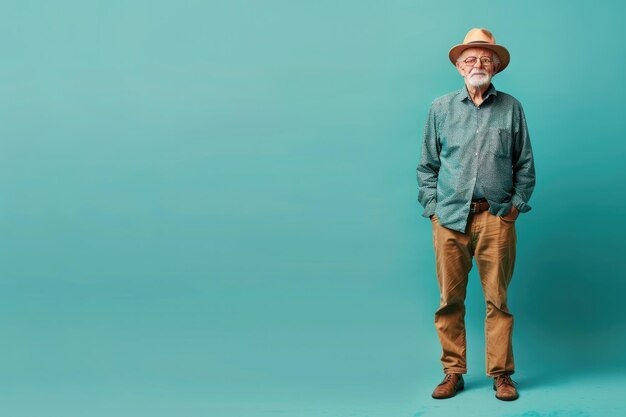 un homme dans un chapeau se tient devant un fond bleu