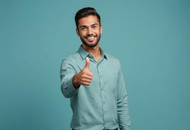 Un homme dans une chemise décontractée teal montrant un pouce vers le haut son sourire brillant et le regard confiant indiquent un