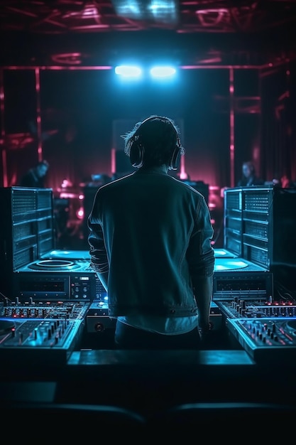 Un homme dans un club sombre avec un DJ jouant de la musique.