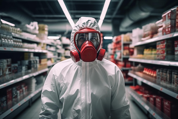 Un homme dans une combinaison dangereuse et un respirateur est debout dans un supermarché