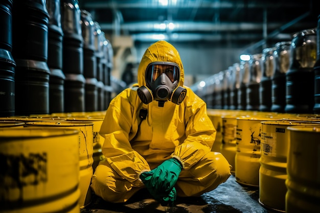 Photo un homme dans une combinaison jaune contre les rayonnements assis dans un bunker avec des déchets radioactifs