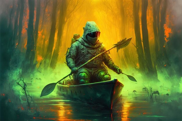 Homme dans une combinaison de protection ramant un bateau dans un marais empoisonné illustration de style d'art numérique peinture illustration fantastique d'un homme dans un bateau
