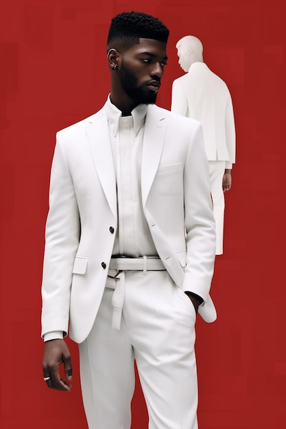 un homme dans un costume blanc et un fond rouge