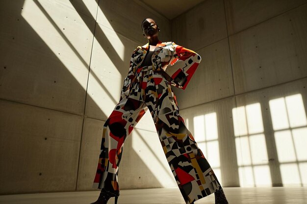 un homme dans un costume coloré debout dans une pièce