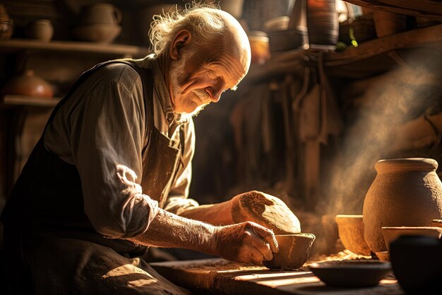 Un homme dans une cuisine à l'ancienne faisant du pain