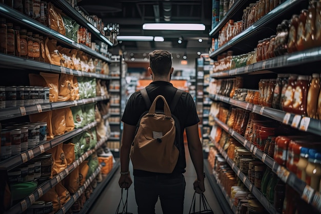 Un homme dans une épicerie avec un sac à dos et un sac de poulet