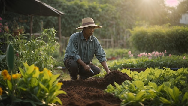 Homme dans une ferme avec du papier peint au lever du soleil Agriculteur dans des visuels de soleil levant Scènes de style de vie agricole