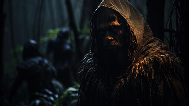 Photo un homme dans une forêt sombre avec une capuche noire sur