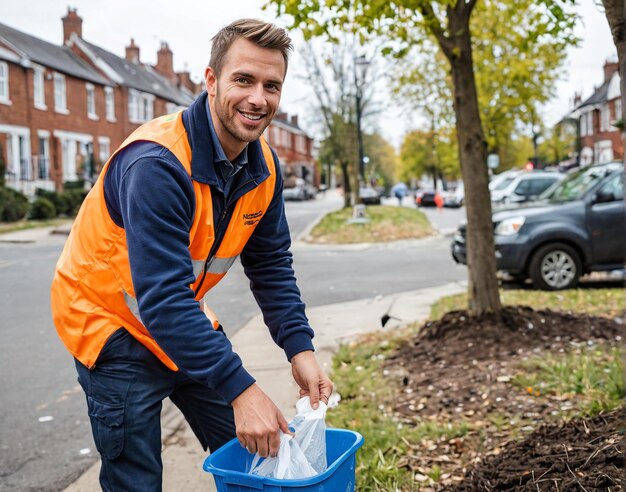 un homme dans un gilet orange et une combinaison bleue ramasse les feuilles d'un arbre