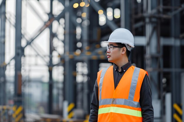 un homme dans un gilet orange se tient devant un chantier de construction