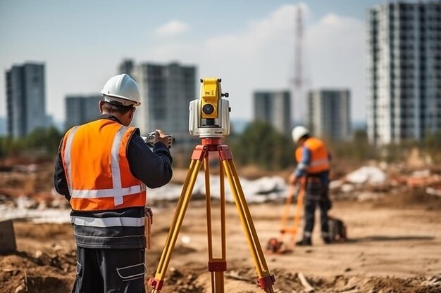 un homme dans un gilet orange utilise un trépied