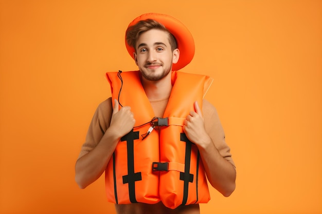 Un homme dans un gilet de sauvetage orange avec un chapeau et une chemise qui dit "je suis pilote"