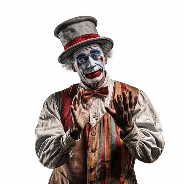 Un homme dans un haut-de-forme et un gilet avec un visage de clown dessus.