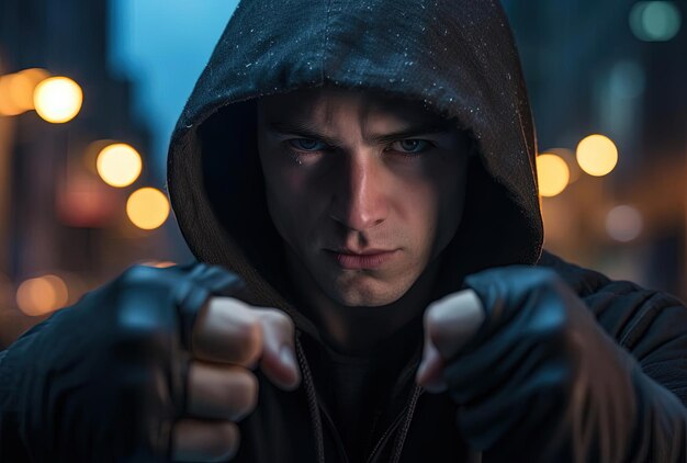un homme dans un hoodie noir avec son poing pointé vers la rue dans une ville