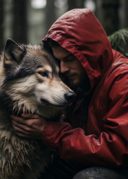 Homme dans un imperméable rouge avec un chien Malamute d'Alaska