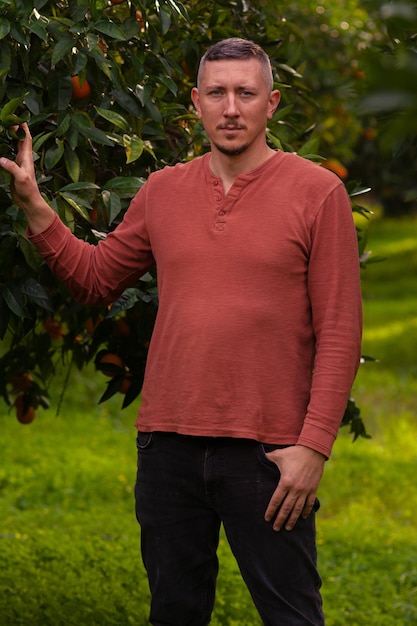 Un homme dans le jardin d'orangers et des oranges mûres sur les branches des arbres