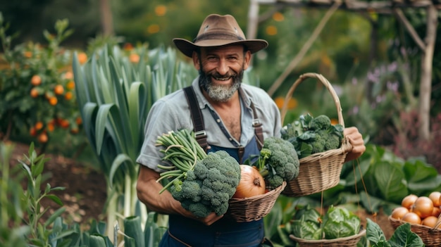 Un homme dans un jardin tenant un panier de légumes frais