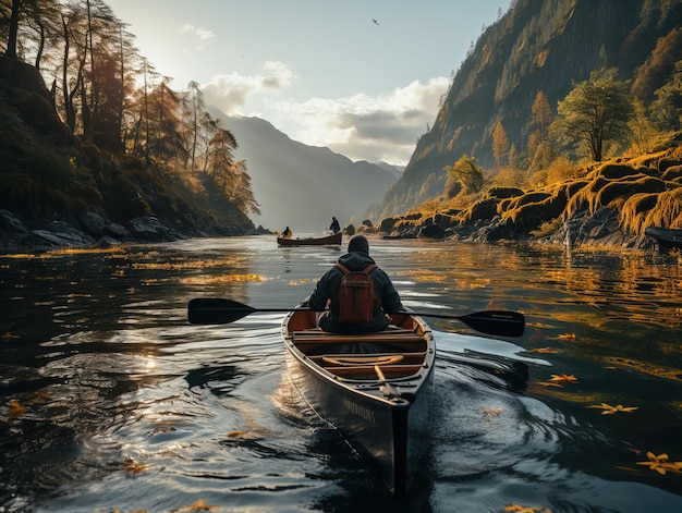 Un homme dans un kayak flotte le long de la rivière sur la toile de fond des montagnes AI générative