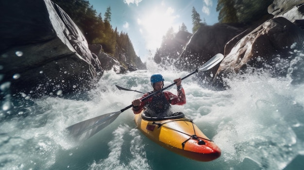 Un homme dans un kayak jaune traverse une rivière.