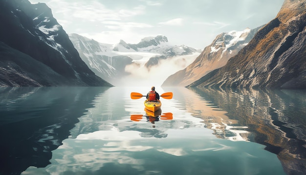 Un homme dans un kayak pagaie dans un lac avec des montagnes en arrière-plan.