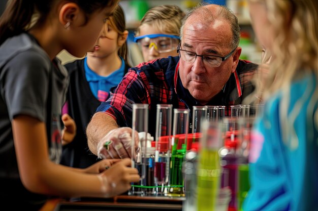 Un homme dans un laboratoire entouré d'enfants