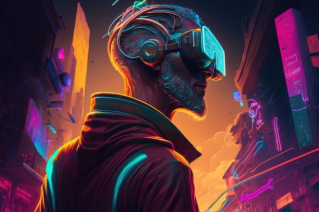 Homme dans des lunettes de météore ou dans des lunettes de réalité virtuelle sur le fond d'une ville néon Cyberpunk retrowave synthwave art haute définition intelligence artificielle générative