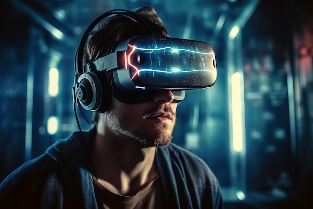 Homme dans des lunettes de réalité virtuelle dans le cyberespace du métaverse avec la réalité augmentée 3D de l'avenir de l'IA générative