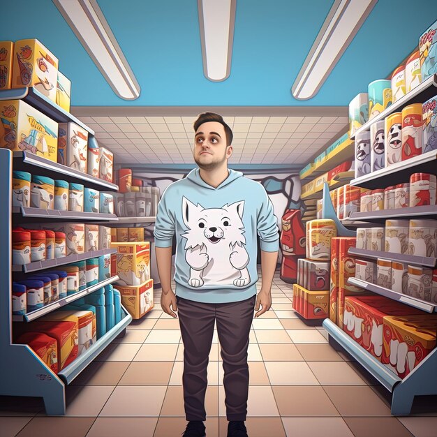 un homme dans un magasin avec un chien de dessin animé sur son pull