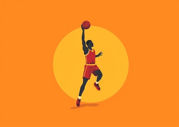 Un homme dans un maillot rouge joue au basket-ball contre un fond jaune.