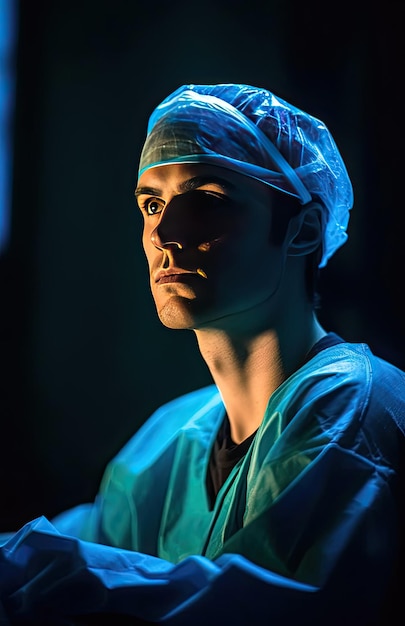 Un homme dans un manteau de laboratoire et un chapeau se tient devant un fond sombre