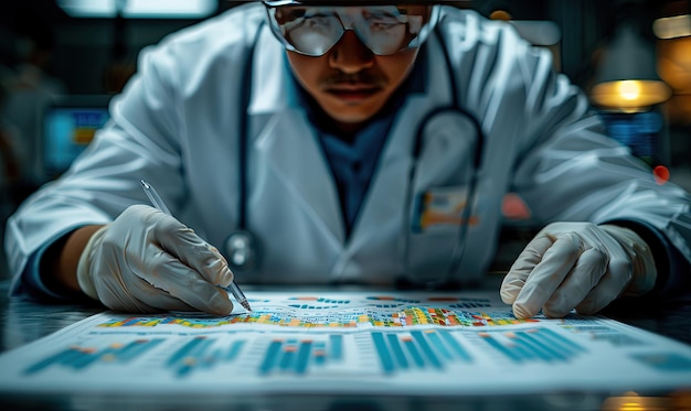 un homme dans un manteau de laboratoire écrivant sur un morceau de papier