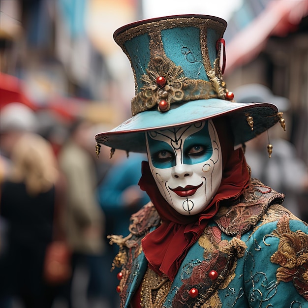 un homme dans un masque bleu et blanc et un chapeau bleu avec une fleur d'or dessus