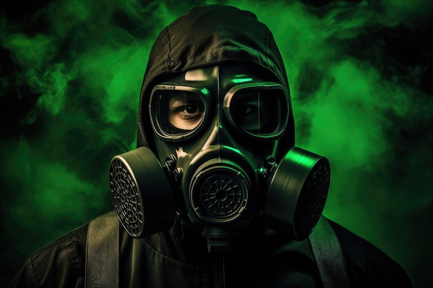 un homme dans un masque à gaz guerre nucléaire fond vert et noir