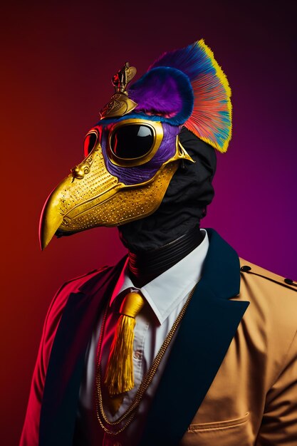 Un homme dans un masque d'oiseau avec une veste jaune et une veste orange.