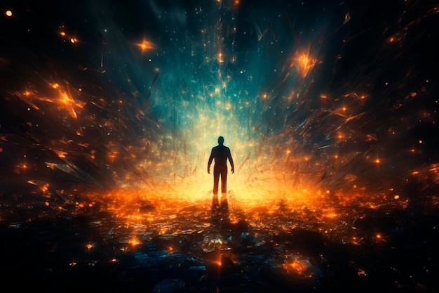 Homme dans la matière noire avec des lumières AI générative