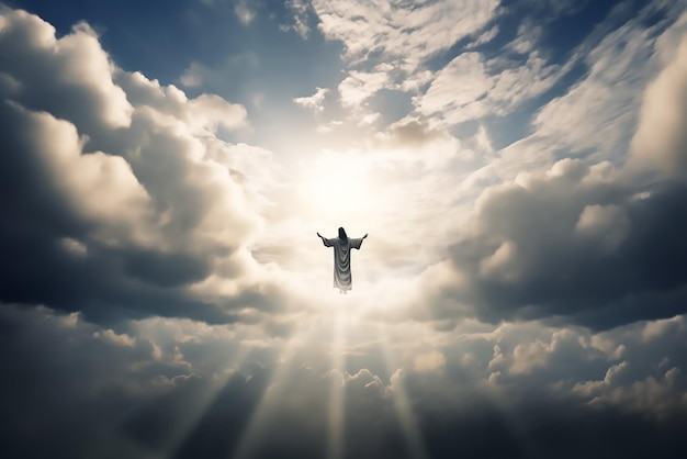 Un homme dans les nuages avec le mot Jésus sur son dos