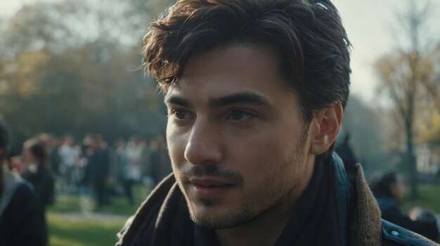 Un homme dans le parc regarde la caméra