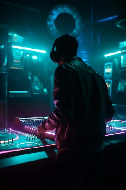 Un homme dans une pièce sombre avec un DJ jouant de la musique.